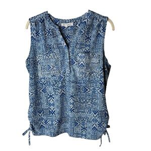 Emily Daniels Sleeveless Blouse Size Large Top Ruched Tie Sides Blue White